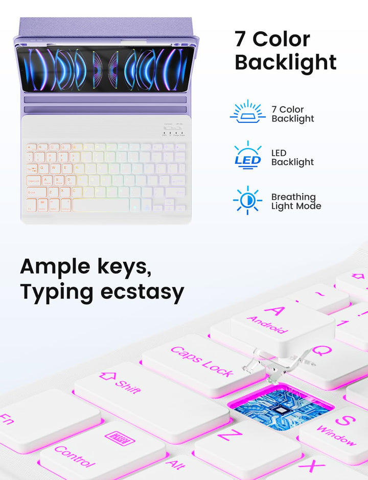 Keyboard Case for iPad Air 11 inch (M2 2024)/10.9 inch Air 5th/4th Gen/iPad Pro 11 1st/2nd/3rd Gen - 7-Color Backlit Detachable Keyboard, Folio Cover with Pencil Holder - Purple