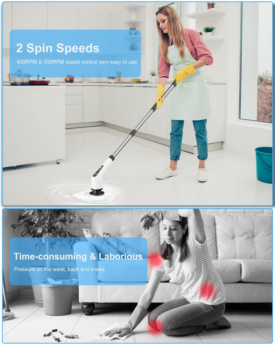 Electric Spin Scrubber, Cordless Cleaning Brush with 8 Replaceable Brush Heads, Tub and Floor Tile Power Scrubber Dual Speed with Adjustable &amp; Detachable Handle for Bathroom Cleaning