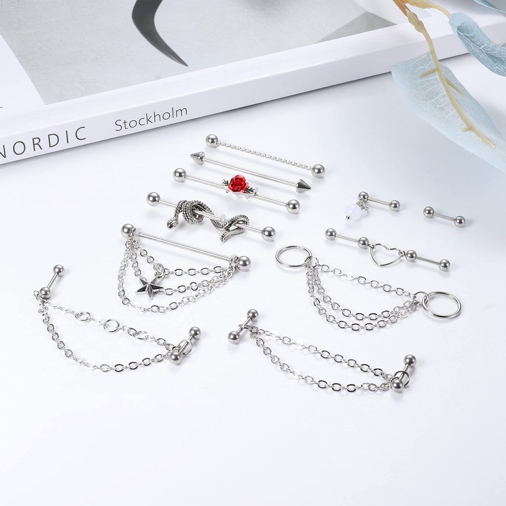 Industrial Piercing Jewelry 14G 16G Stainless Steel Industrial Earrings with Chain Dangle Industrial Piercing Bar Double Cartilage Helix Piercing Earrings Industrial Barbell for Women Men