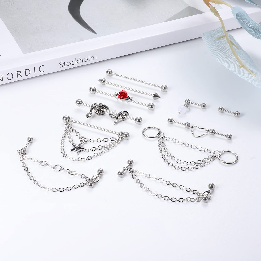 Industrial Piercing Jewelry 14G 16G Stainless Steel Industrial Earrings with Chain Dangle Industrial Piercing Bar Double Cartilage Helix Piercing Earrings Industrial Barbell for Women Men