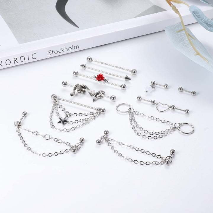 Industrial Piercing Jewelry 14G 16G Stainless Steel Industrial Earrings with Chain Dangle Industrial Piercing Bar Double Cartilage Helix Piercing Earrings Industrial Barbell for Women Men