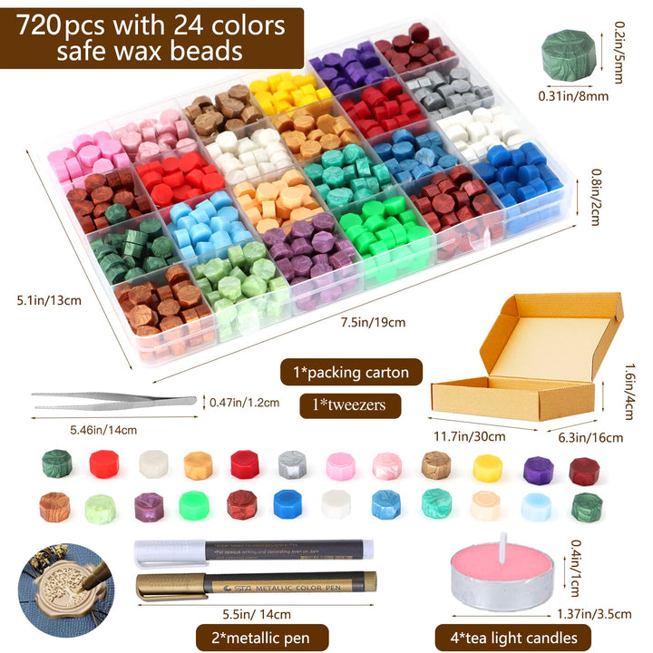 Sealing Wax Kits, 643pcs Wax Seal Beads with Gift Box, Wax Seal Stamp, Melting Furnace, Melting Spoon, Envelopes/Tealight Candles/Wax Stamp/Metallic Pen for Envelope Stamp (B)
