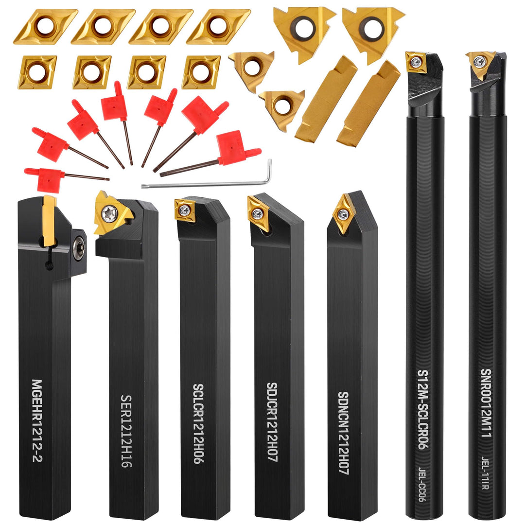 Metal Lathe Cutting Tools - 7PCS 1/2 Indexable Lathe Turning Tool with 14pcs Indexable Carbide Inserts for Turning Grooving Boring Cutting Threading