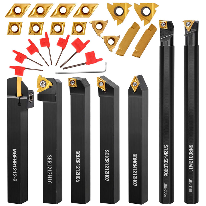 Metal Lathe Cutting Tools - 7PCS 1/2 Indexable Lathe Turning Tool with 14pcs Indexable Carbide Inserts for Turning Grooving Boring Cutting Threading