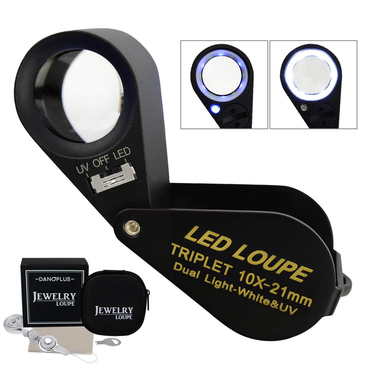 10x Magnifier Jewelry Loupe LED UV 21mm Triplet Lens Optical Glass Pocket Gem Magnifying Tool Jeweler, Stamp Philatelist, Coin Numismatic