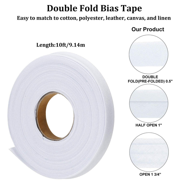 1/2 Inch Double Fold Bias Tape Bias Binding Tape Wide Fold Cotton Tape for Sewing Seaming Hemming Piping Quilting Projects (White,10 Yards)