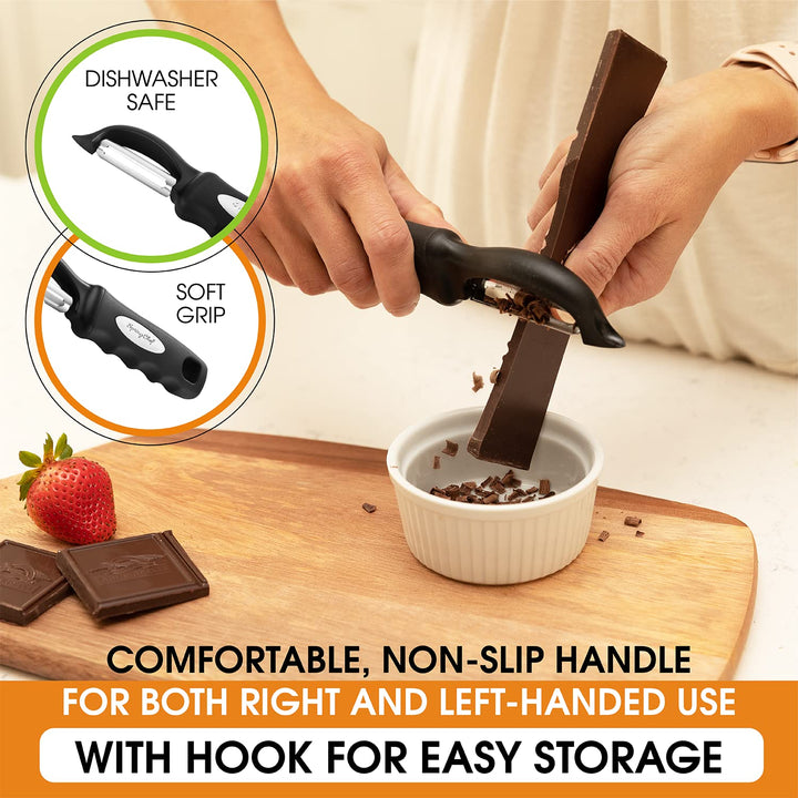 Premium Swivel Vegetable Peeler, Soft Grip Handle and Ultra Sharp Stainless Steel Blades - Perfect Kitchen Peeler For Veggie, Fruit, Potato, Carrot, Apple - Black - Set of 2