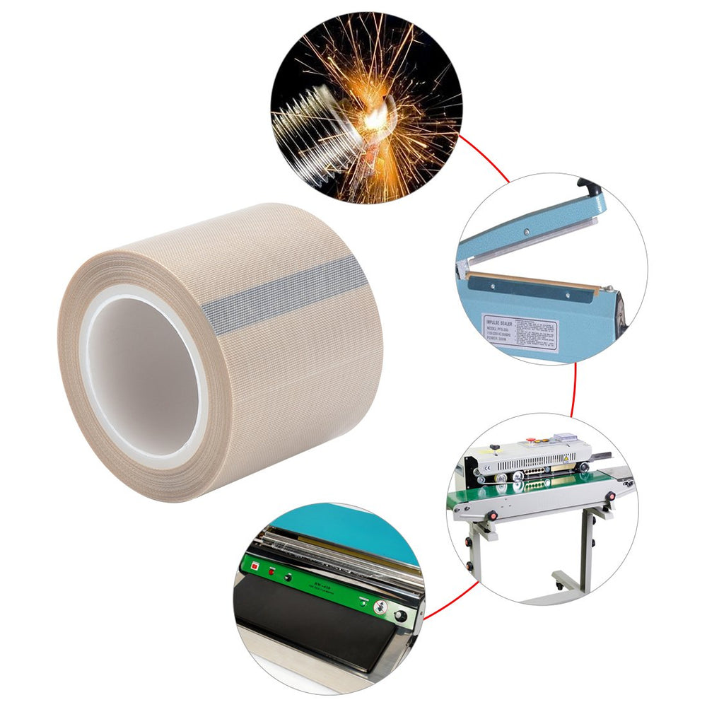 2 Width x 11 Yard Roll PTFE Coated Fiberglass High Temperature Tape with Silicone Adhesive Cloth, Release Surface on Heat sealers Beige