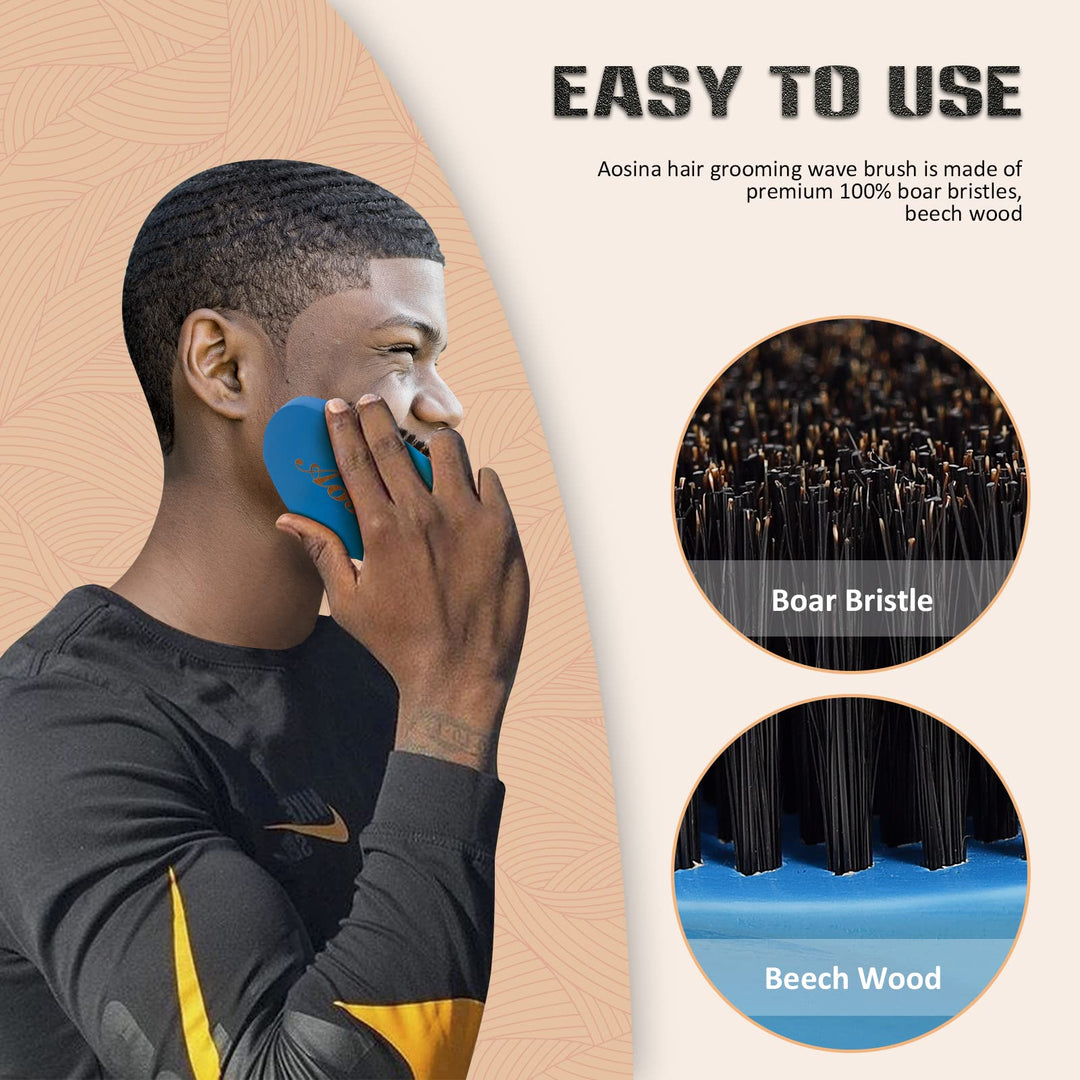 Medium Curved Palm Wave Brush 360 Wave Brush Made With Pure Black Boar Bristle Hair Brush Designed for Thin and Normal Hair-Mens Curved Military Wave (Blue)