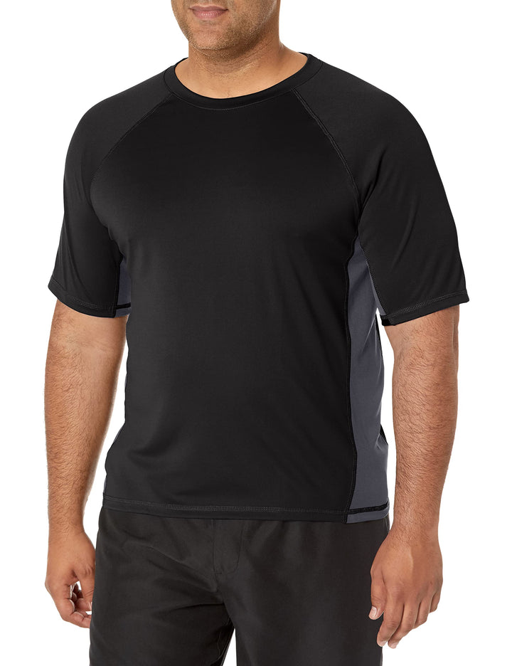Men&#39;s Short Sleeve UPF 50 Swim Rash Guard Sun Shirt (Regular &amp; Extended Sizes), Black/Charcoal, 5X