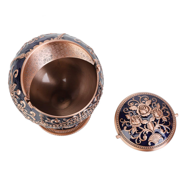 Windproof Ashtray with Lid for Cigarettes Metal Portable Cigar Ashtray Odor Eliminator for Indoor outdoor Hand Stamped Rose Pattern with Sparkle Fancy Gift for Men Women (Navy Blue-Red Copper)