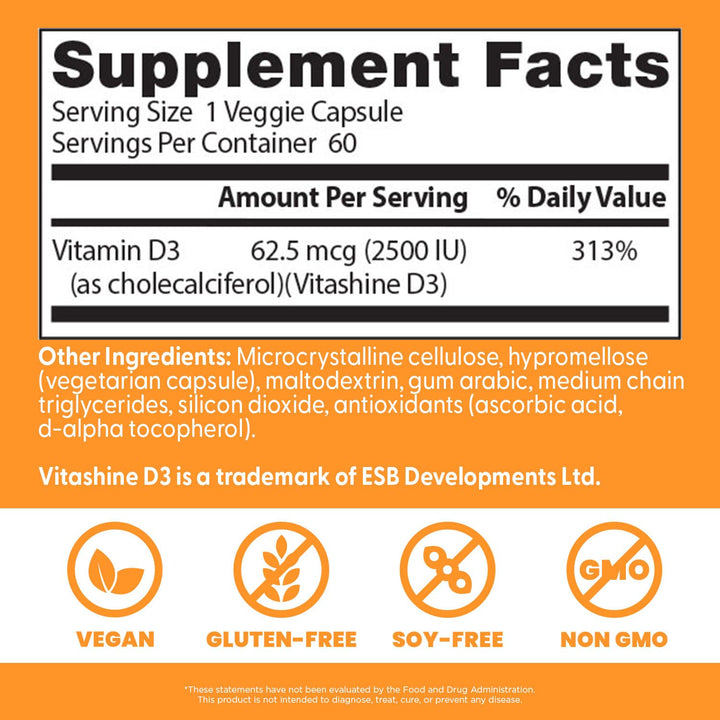 Doctors Best Vegan D3 2500 IU (Vitashine), Plant Sourced Vitamin D3, Non-GMO, Gluten Free, Soy Free, Vegan 60 Veggie Caps