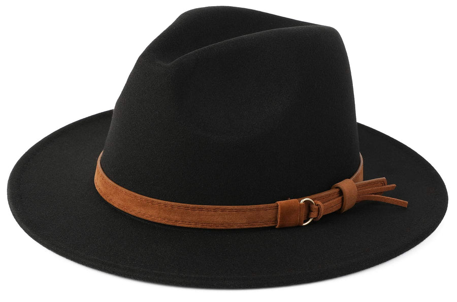 Classic Wide Brim Women Men Fedora Hat with Belt Buckle Felt Panama Hat (Black)