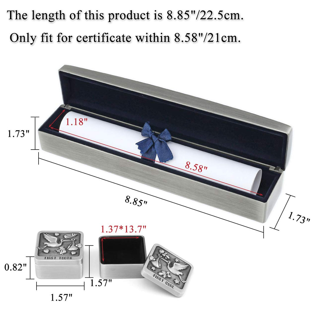 Mogoko Silver Birth Certificate Holder Set with First Tooth and Curl Keepsake Box for Children Kids
