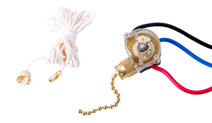 GSW-39 Electrical Three-Speed Pull Chain Switch, DP3T, OFF-ON(A)-ON(B)-ON(A+B), 6 A/125V AC, 6 inch Wire Terminal,Brass