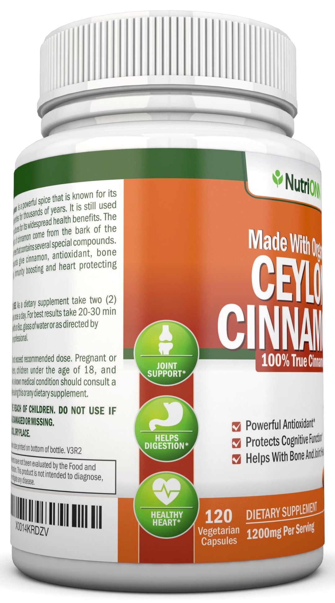 Organic Ceylon Cinnamon - 1200mg - 120 Capsules - True Cinnamon - Powerful Antioxidant - Supports Immune Health &amp; Heart Health - Bone Health Support