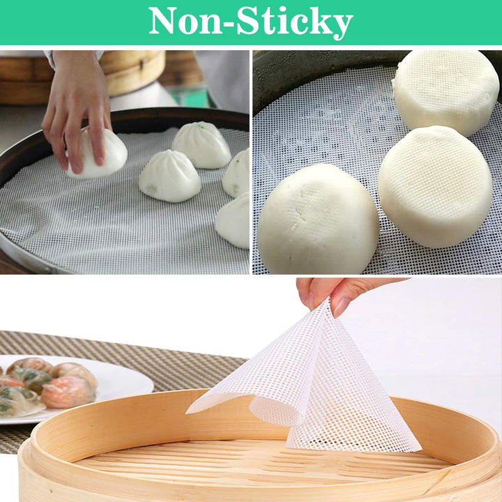 - 6Pcs 10 inch Non stick Reusable Silicone Steamer Liners Mesh Round Mat Pad Steamed Buns Dumplings Baking Pastry Dim Sum Mesh 25cm trimmable
