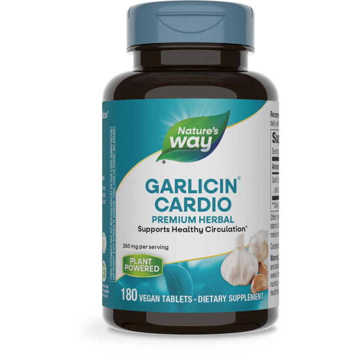 Nature&#39;s Way Garlicin Cardio, Premium Herbal, Supports Healthy Circulation*, No Garlic Taste, Vegan, 180 Tablets (Packaging May Vary)
