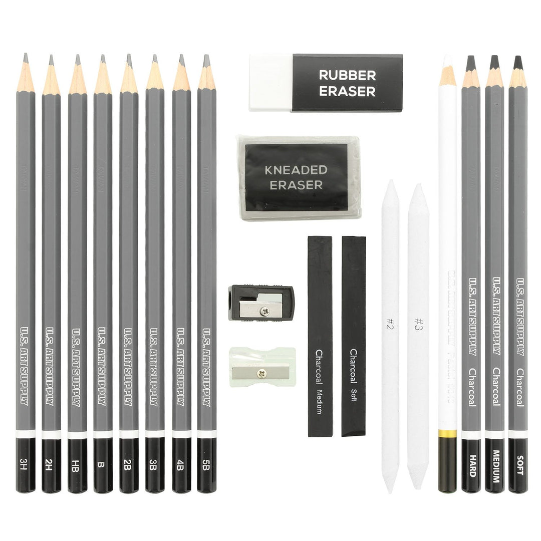 20 Piece Professional Hi-Quality Artist Sketch Set in Hard Storage Case - Sketch &amp; Charcoal Pencils, Pastel, Stumps, Eraser, Sharpeners