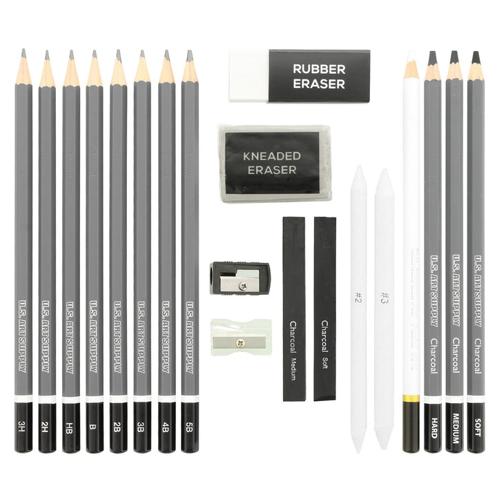 20 Piece Professional Hi-Quality Artist Sketch Set in Hard Storage Case - Sketch &amp; Charcoal Pencils, Pastel, Stumps, Eraser, Sharpeners