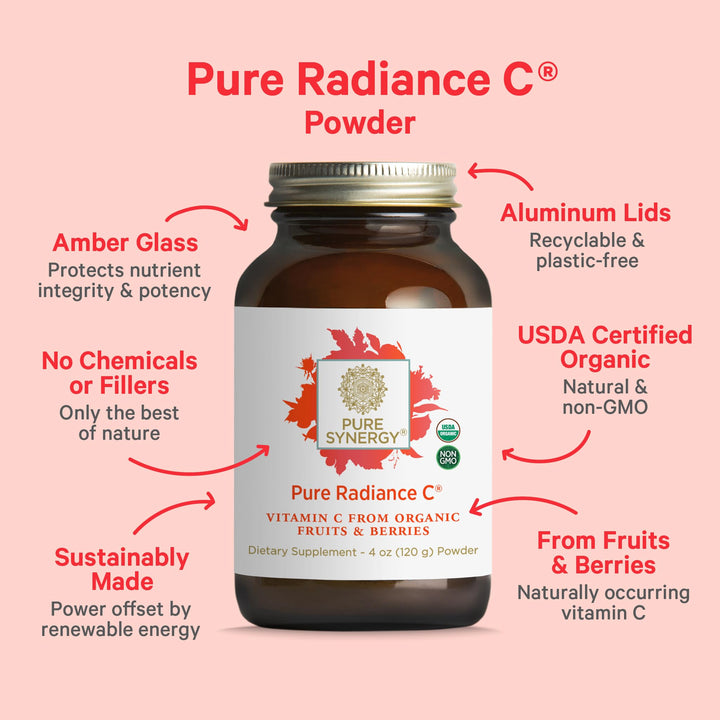 Pure Synergy Pure Radiance C | Organic Vitamin C Powder | 100% Natural, Whole Food, Non-GMO Supplement with Camu Camu Extract | for Immune and Collagen Support (4 oz Powder)