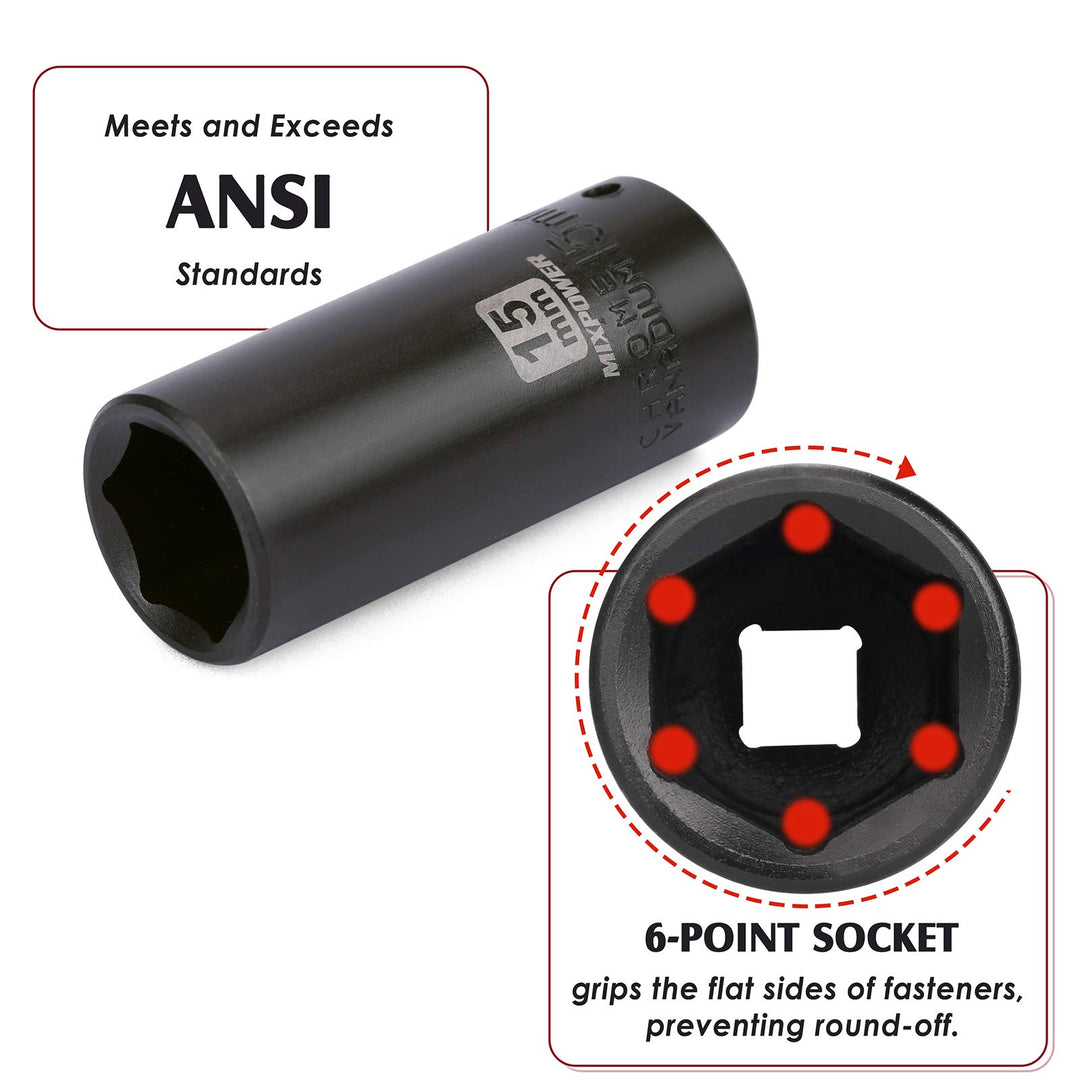 50 Pieces 1/4 Dr. Impact Socket Set, CR-V, 6 Point, SAE/Metric, 5/32 Inch - 9/16 Inch, 4mm - 15mm, Shallow/Deep