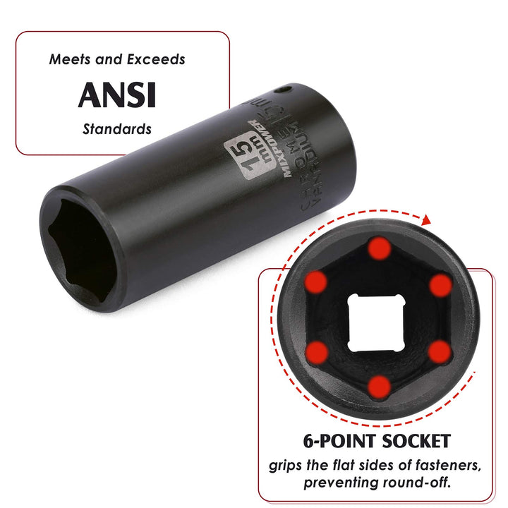 50 Pieces 1/4 Dr. Impact Socket Set, CR-V, 6 Point, SAE/Metric, 5/32 Inch - 9/16 Inch, 4mm - 15mm, Shallow/Deep