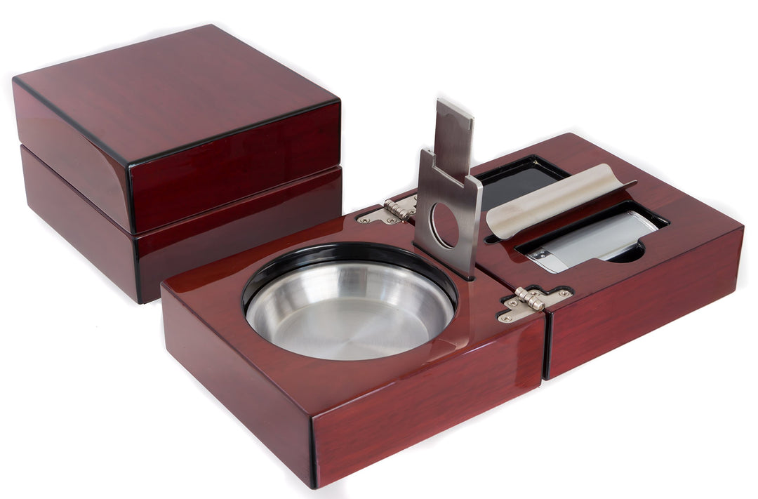 Folding Wood Cigar Ashtray Set w/ Triple Jet Flame Butane Cigarette Torch Lighter and Cutter