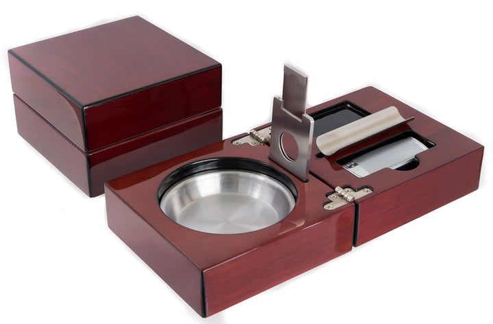Folding Wood Cigar Ashtray Set w/ Triple Jet Flame Butane Cigarette Torch Lighter and Cutter