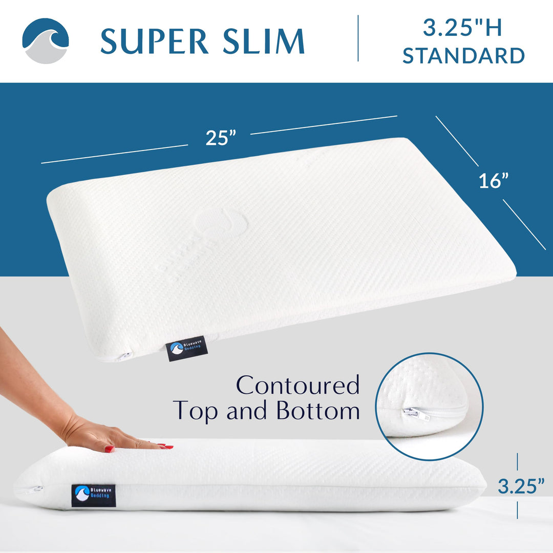 Super Slim Gel Memory Foam Pillow for Stomach and Back Sleepers - Thin, Flat Design for Cervical Neck Alignment and Deeper Sleep (3.25-Inches Height, Standard Size)