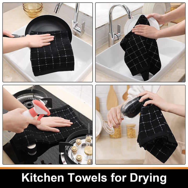 100% Cotton Terry Kitchen Towels, 16 x26 Inches, Super Soft and Absorbent Dish Towels for Kitchen, Checkered Designed Hand Towels for Kitchen, 4 Pack, Dark Grey
