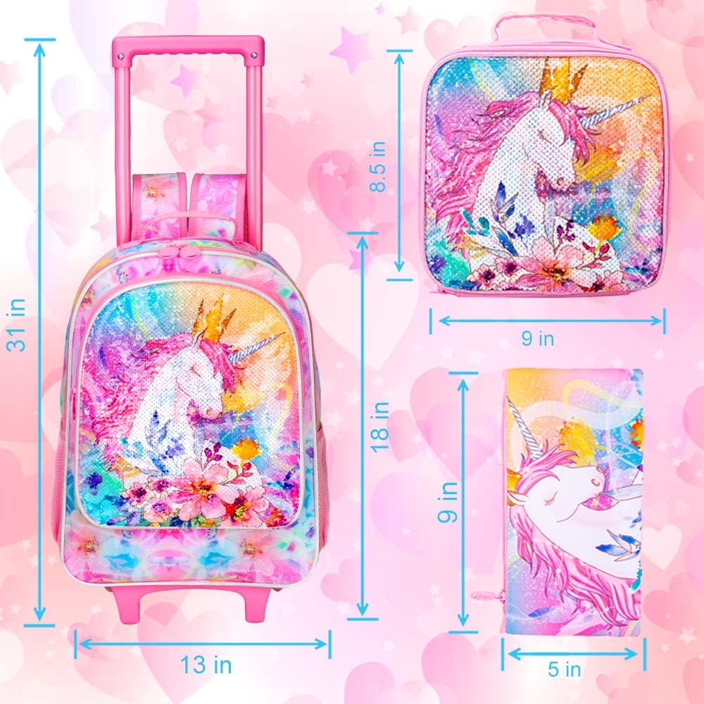 4PCS Kids Rolling Backpack for Girls, Unicorn Sequin Roller Wheeled Bookbag Toddler Elementary School Bag with Wheels