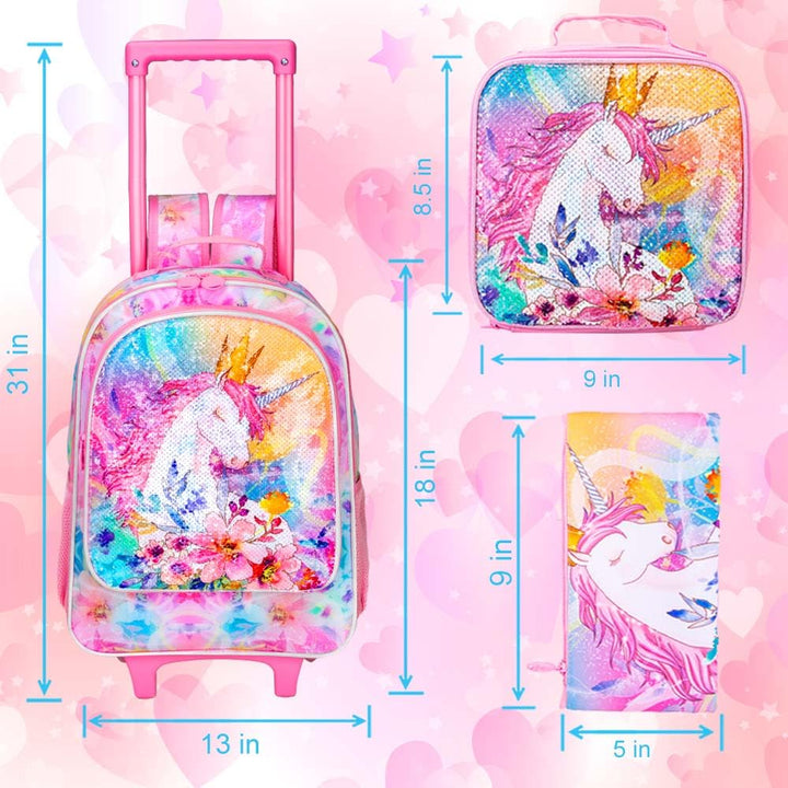 4PCS Kids Rolling Backpack for Girls, Unicorn Sequin Roller Wheeled Bookbag Toddler Elementary School Bag with Wheels
