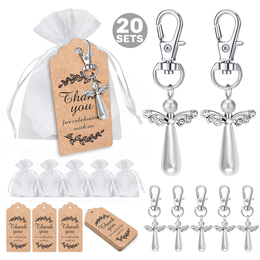 20pcs Angel Favor Keychains plus Organza Bags plus Thank You Kraft Tags, Guest Return Favors for Baby Shower, Bridal Shower, Wedding Charm, Party Favors (Silvery&Long 20pcs)