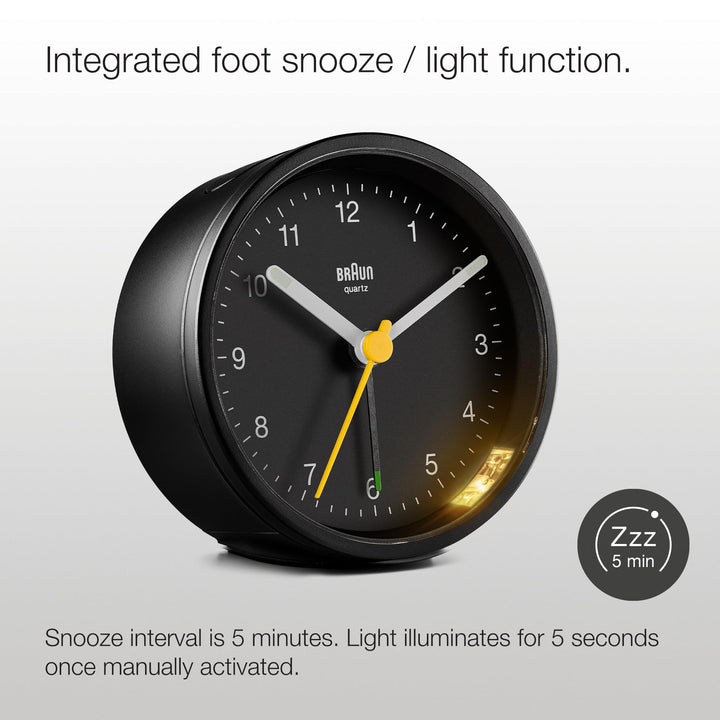 Braun Classic Analogue Alarm Clock with Snooze and Light, Quiet Quartz Movement, Crescendo Beep Alarm in Black, Model BC12B.