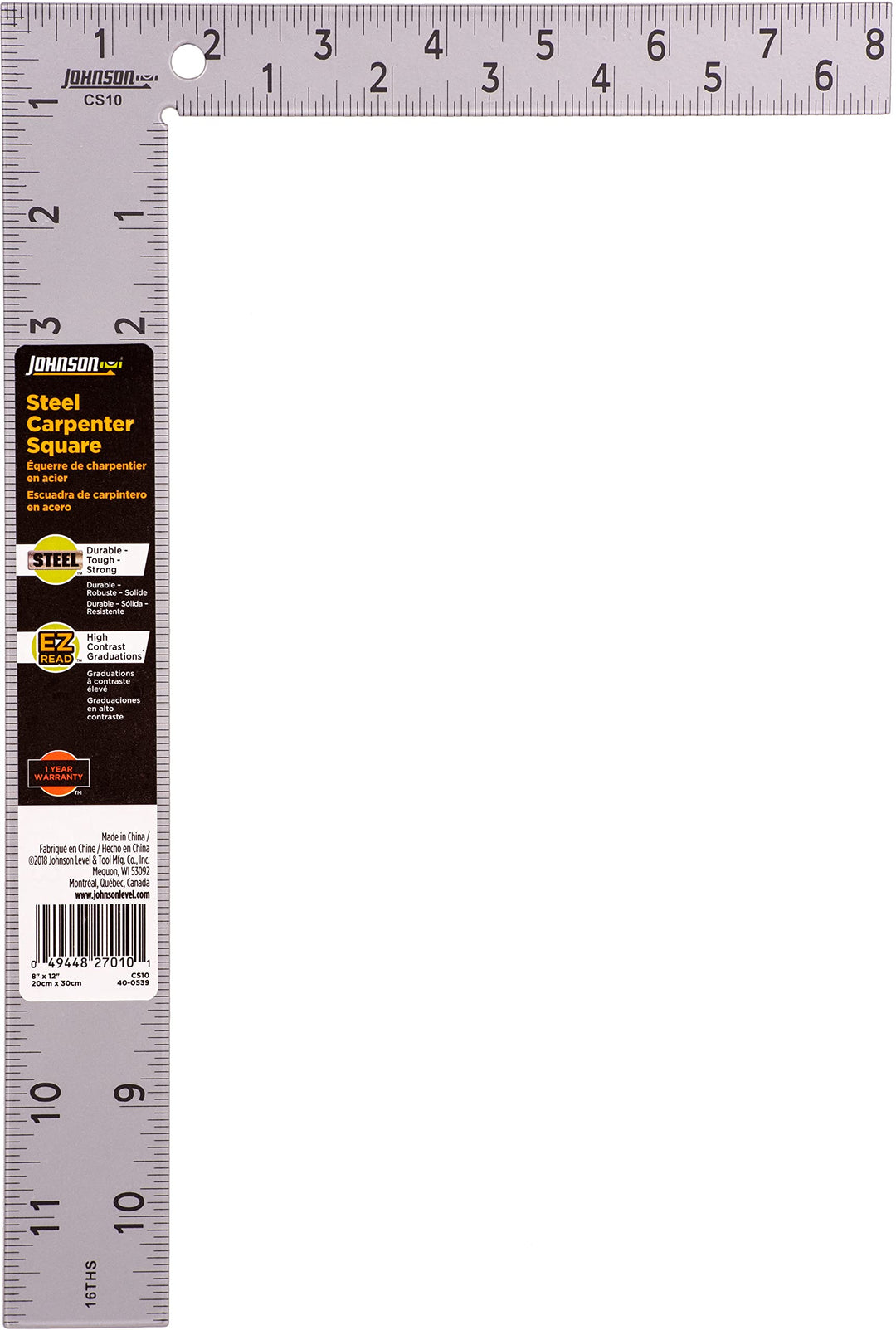 Level &amp; Tool CS10 Professional Easy-Read Steel Carpenter Square, 8 x 12, Silver, 1 Square