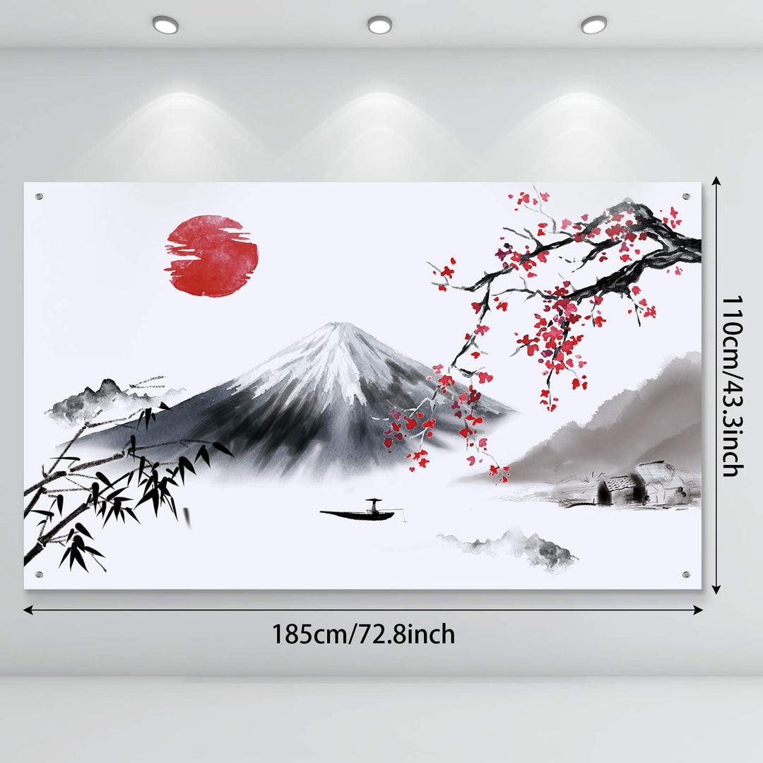 Japanese Wall Hanging Photo Banner Asian Mount Fuji Red Sun Backdrop Japanese Landscape Nature Background for Japanese Party Wall Home Decorations, 72.8 x 43.3 Inch