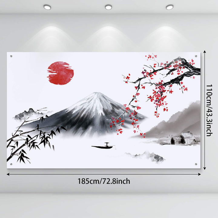 Japanese Wall Hanging Photo Banner Asian Mount Fuji Red Sun Backdrop Japanese Landscape Nature Background for Japanese Party Wall Home Decorations, 72.8 x 43.3 Inch