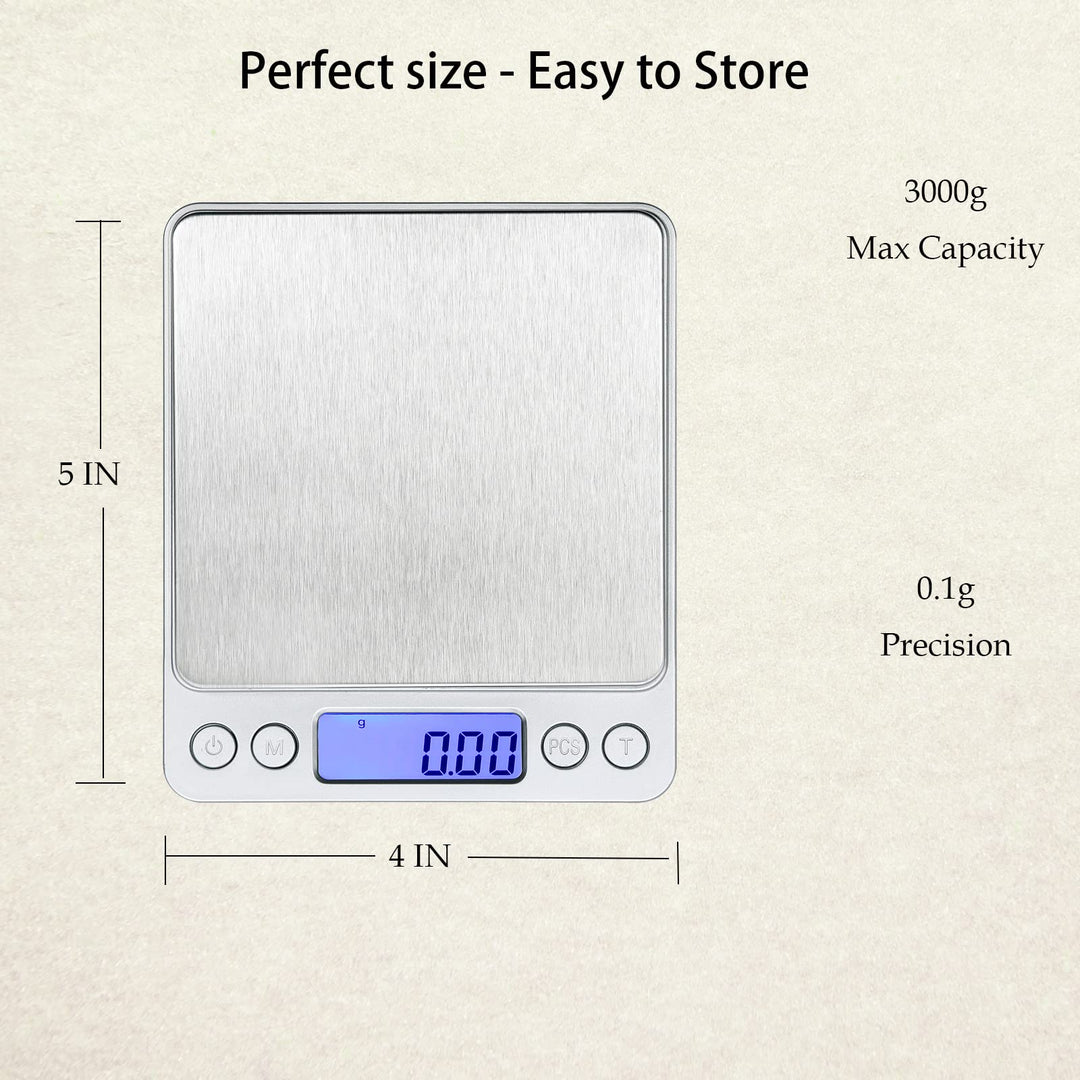 0.1Gram Precision Multifunction Kitchen and Food Stainless Steel Scale, Electronic Digital Balance Weight Pocket Scale 3000g-Silver