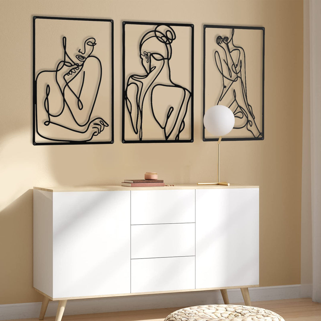 CHENGU 3 Pieces Metal Minimalist Abstract Woman Wall Art Line Drawing Wall Art Decor Single Line Female Home Hanging Wall Art Decor for Kitchen Bathroom Living Room (Vibrant Style)