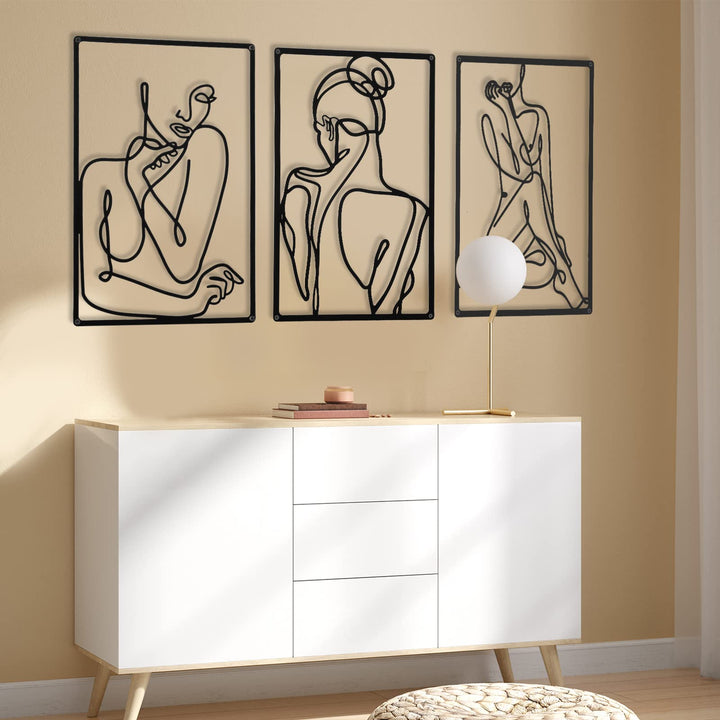 CHENGU 3 Pieces Metal Minimalist Abstract Woman Wall Art Line Drawing Wall Art Decor Single Line Female Home Hanging Wall Art Decor for Kitchen Bathroom Living Room (Vibrant Style)