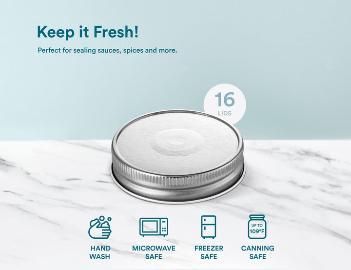 Chrismas Mason Jar Lids, Kook Lids, Regular Mouth, for Standard Mouth Mason Jars, Leak Free, Airtight Silicone Seal, Made in USA, Set of 16, (Silver)