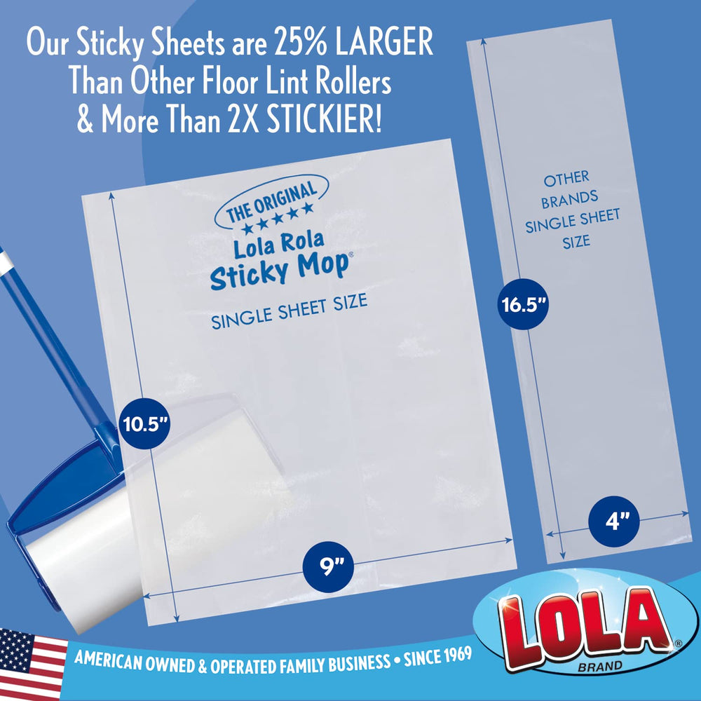 Lola Rola Sticky Mop, Giant Floor Lint Roller, 9 W x 3.5 Dia., Best Pet Hair Remover, Traps Dust, Dirt, Dog and Cat Hair on Carpet, 30 Large Adhesive Sheets - Stickiest on The Market