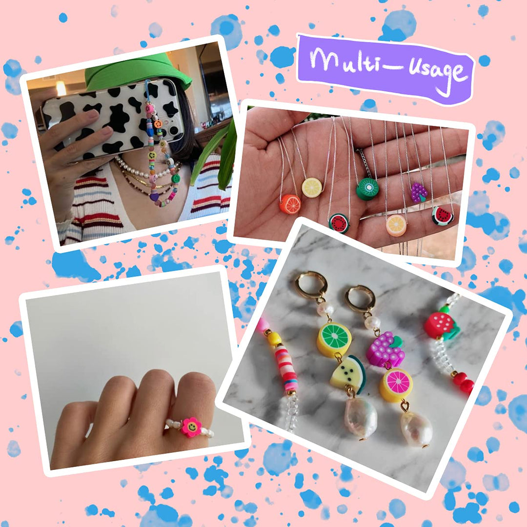 Smiley Face Beads - 300pcs DIY Polymer Clay Preppy Beads Mix Flower Heart Beads with String, Fruit Beads, Star Beads - Cute Clay Beads for Jewelry Making - Fun Beads Clay Charms for Bracelets