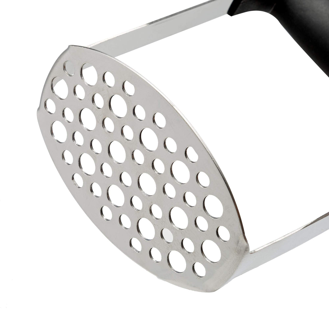 Heavy Duty Stainless Steel Masher, Broad and Ergonomic Horizontal, Fine Plate for Smooth Mashed Potatoes, Soft Grip and Non-Slip Handle, Black