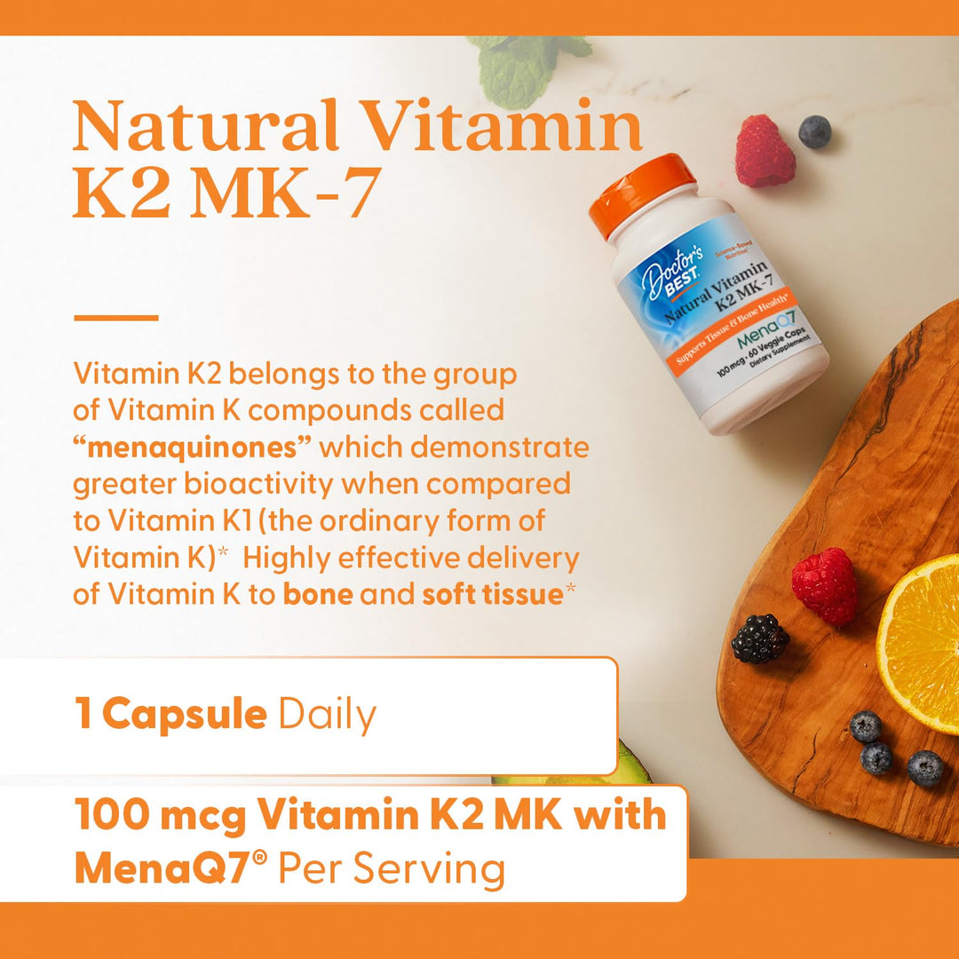 Doctor&#39;s Best Natural Vitamin K2 Mk-7 with MenaQ7, 100mcg Vitamin K2 Supplement Supports Bone Health, Non-GMO, 60 Veggie Capsules