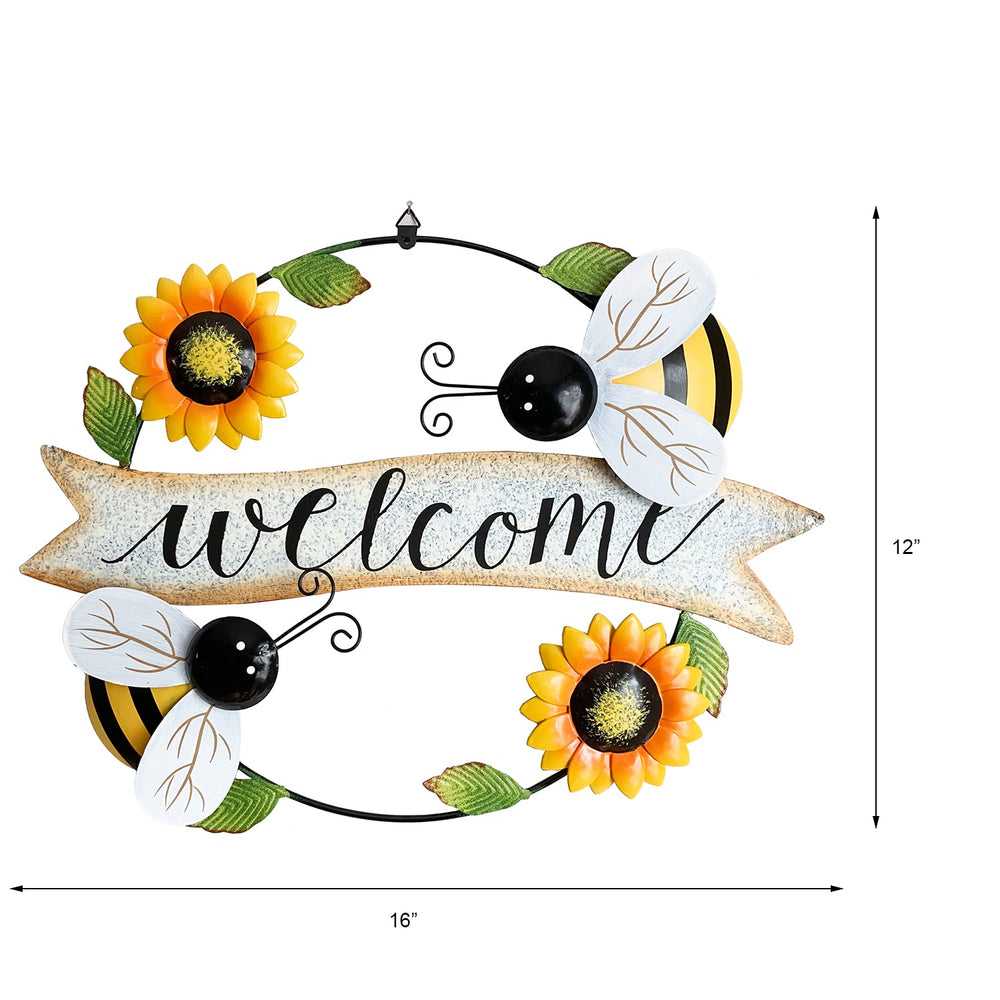 Metal Sunflower Wreath with Bees Welcome Sign Decorative Vintage Metal Hanging Sign for Wall Home Front Door Garden Porch Decor,Sunflower Spring Door Wreath Indoor Outdoor Decoration 16''L