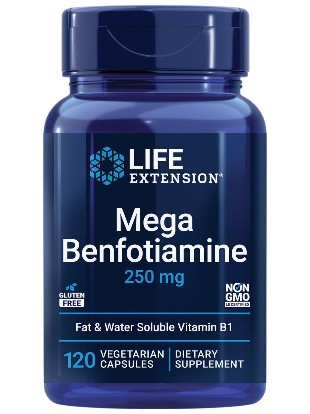 Mega Benfotiamine, 250 mg, a Fat-Soluble Form of thiamine, Healthy Metabolism, Ultra-bioavailable Vitamin B1, high Potency, Gluten-Free, Non-GMO, Vegetarian, 120 Capsules