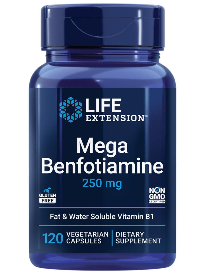 Mega Benfotiamine, 250 mg, a Fat-Soluble Form of thiamine, Healthy Metabolism, Ultra-bioavailable Vitamin B1, high Potency, Gluten-Free, Non-GMO, Vegetarian, 120 Capsules
