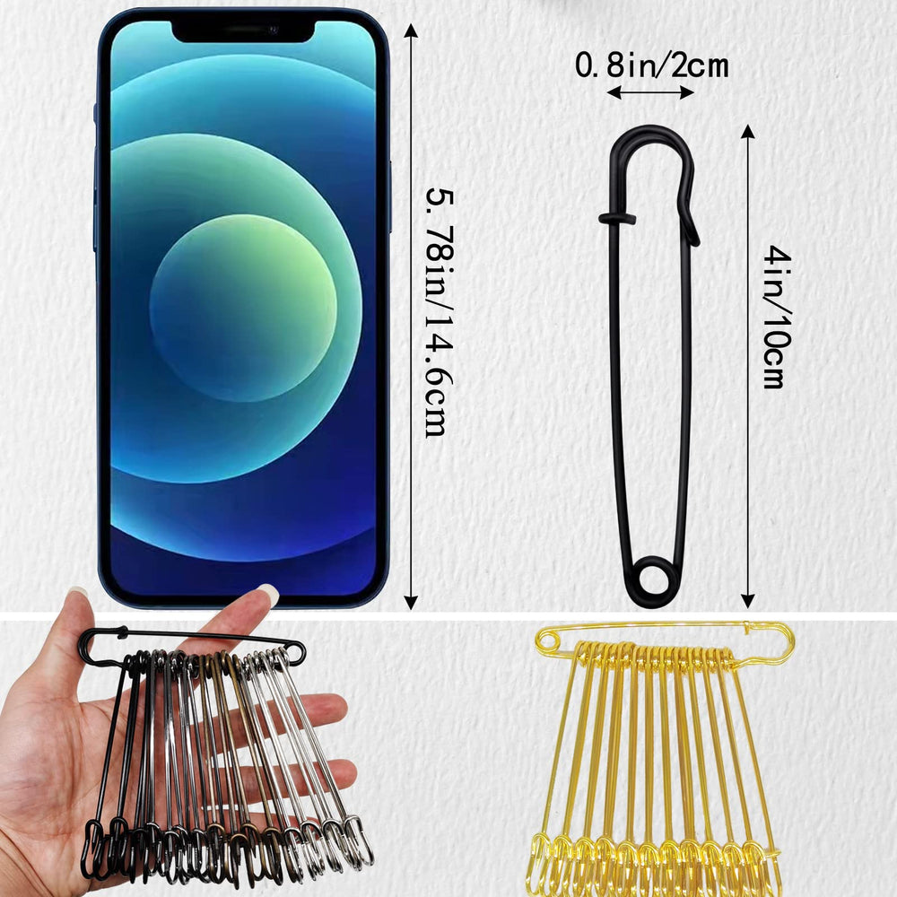 Safety Pins (Upgraded), 4 Large Safety Pins Pack of 15 for Clothes Leather Canvas Blankets Crafts Skirts Kilts, Extra Large Safety Pin Heavy Duty Safety Pins (Black)